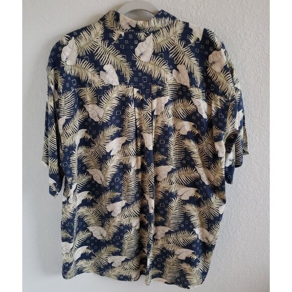 Summa Men Size XL 100% Silk Hawaiian Aloha Shirt Blue with Tan Leaf & Fern Print - Picture 2 of 5